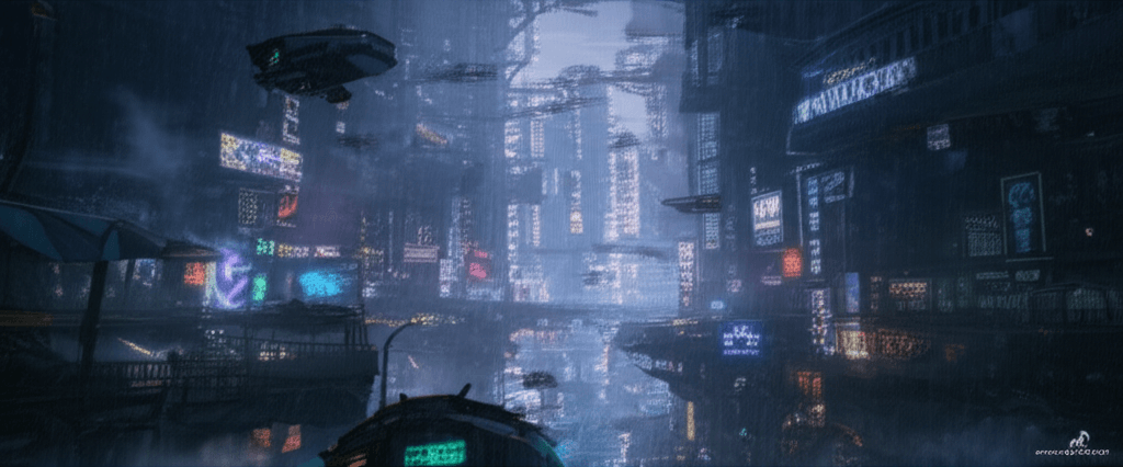 A neon-lit city skyline from one of Narraitor's worlds